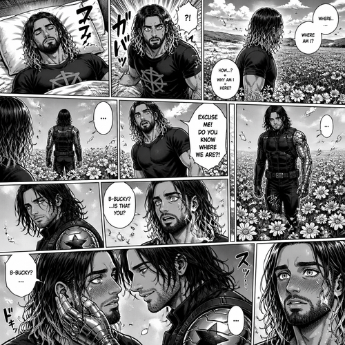 Seth Rollins was asleep on his bed,Then he woke up….On a field of flowers,He was confused as to how and why he was there.Then he noticed a mysterious man ahead of him with his back turned.He stands up. “Excuse me! Do You know where we are?!” Seth called out.The mysterious man turned around and faced Seth….It was Bucky.Seth was surprised. “B-Bucky?…Is that you?” Seth asked.Bucky said nothing…He just smiled and walked towards Seth.He stopped once he was in front of Seth.He wrapped his arm around his waist and pulled him closer.Seth Gasped. “B-Bucky?” Seth asked.Bucky gently placed his hand on Seth’s cheek.Seth blushed