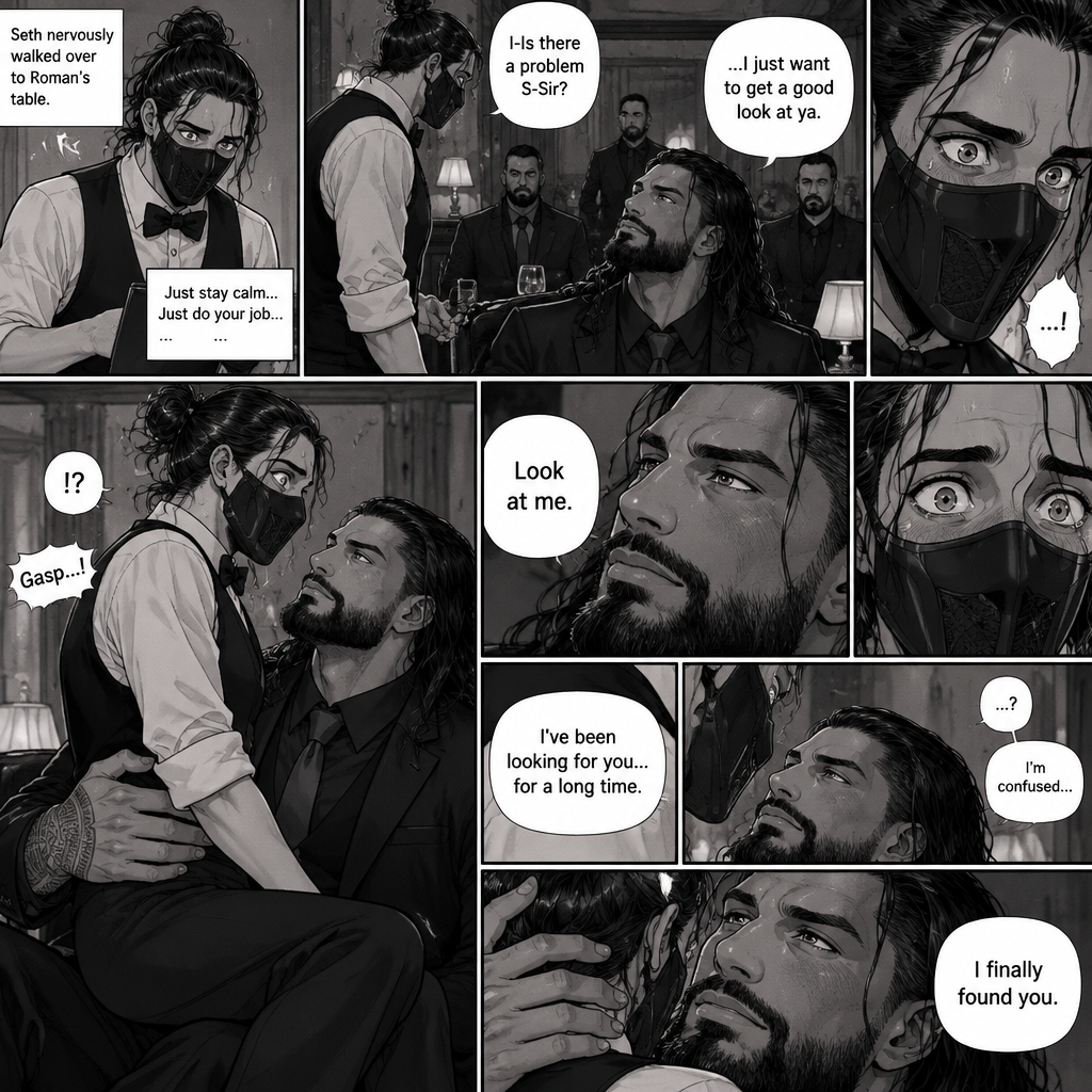 (Recap) Seth Rollins is a waiter at a restaurant,He’s wearing a mask that covers his face because all his life he’s been told he was ugly,He believed it,He’s also too afraid to look at mirrors,One night he was working as usual,then a group of men walked in amongst them was Roman Reigns (Feared mafia Boss) and took a seat,One of the waitresses told Seth that Roman asked to see him personally,Seth was nervous. (And now part 2). Seth nervously walked over to Roman’s table. “I-Is there a problem S-Sir?” Seth asked nervously. “…I just want to get a good look at ya” said Roman. Seth’s eyes Widened. Roman wrapped his arm around Seth’s waist and pulled him onto his lap. Seth gasped. “Look at me” Roman commanded. Seth looked at him. “I’ve been looking for you…for a long time” Said Roman. Seth was confused. “I finally found you” Said Roman