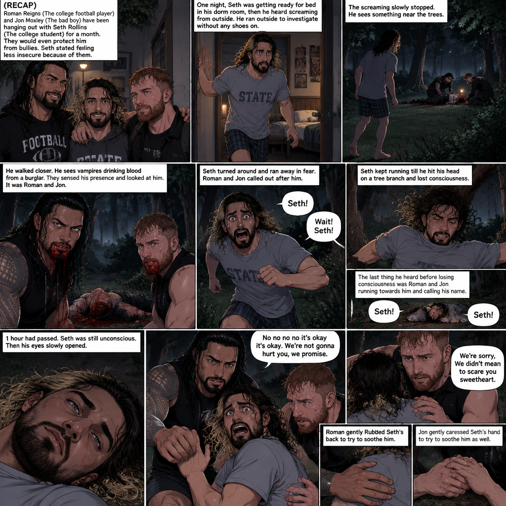 (Recap) Roman Reigns (The college football player) and Jon Moxley (The bad boy) have been hanging out with Seth Rollins (The college student) for a month,They would even protect him from bullies,Seth stated feeling less insecure because of them,one night he was getting ready for bed in his dorm room,then he heard screaming from outside,He ran outside to investigate without any shoes on,the screaming slowly stopped,He sees something near the trees,he walked closer,He sees vampires drinking blood from a burglar,they sensed his presence and looked at him,it was Roman and Jon,Seth turned around and ran away in fear,Roman and Jon called out after him,Seth kept running till he hit his head on a tree branch and lost consciousness,the last thing he heard before losing consciousness was Roman and Jon running towards him and calling his name. (And now part 3). 1 hour had passed,Seth was still unconscious. Then his eyes slowly opened,the first thing he sees was Roman and Jon looking down at him with worried looks on their faces. Seth’s fear returned and he tried to scramble away. Roman gently held him. “No no no no it’s okay it’s okay,We’re not gonna hurt you,we promise” Said Roman. Jon slowly got closer. “We’re sorry,We didn’t mean to scare you sweetheart” Jon said softly. Seth’s heart was pounding. Roman gently Rubbed Seth’s back to try to soothe him. Jon gently caressed Seth’s hand to try to soothe him as well