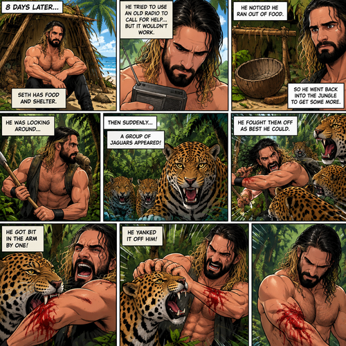 (Recap) Seth Rollins was on a cruise,then one night Thunder came,Seth got up from bed,The ship was rocking against the waves,Seth fell overboard,He swam as best he could,A wave crashed down on him,Everything went black,A few hours later,Seth woke up on shore,He was on an island,He has to figure out how to survive on the island. (And now part 2). It’s been 8 days since he ended up on the island. He has food and shelter. He tried to use an old radio to call for help but it wouldn’t work. He noticed he ran out of food,So he went back into the jungle to get some more. He was looking around,Then suddenly….A group of jaguars appeared! He fought them off as best he could. He got bit in the arm by one,He yanked it off him