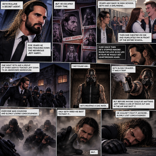 Seth Rollins is a secret agent,For years he was tracking down the nefarious Jeff Hardy…But he escaped every time. Years ago back in high school Seth had a girlfriend…then she cheated on him and humiliated him front of the entire school,Ever since then he’s stopped making room for love in his life In fear he would get heartbroken again. One night Seth and a group of other agents tracked Jeff down to an abandoned warehouse,they found him…He’s wearing a gas mask. Seth slowly realizes…it was a trap,But before anyone could do anything Jeff threw a can of knock out gas in the air and shot it. Everyone was coughing and slowly losing consciousness,Only Seth tried his best to fight it….But…He couldn’t fight it anymore…Slowly lost consciousness