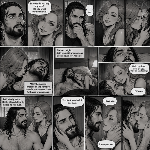 Part 4.Still in Seth Rollins’s house,Still raining outside.Seth Rollins and Becky lynch are in Seth’s room,Seth’s eyes were widened and his breath hitched a little after Becky offered him immortality. “So what do you say my love? Do you want to be immortal?” Asked Becky.Seth thought about for a bit…Then he made his decision. “Yes” Seth said softly.Becky smiled and gently kissed him.She then leaned towards Seth’s neck.After the painful process of the vampire transformation was done Seth was unconscious.The next night Seth was still unconscious,Becky never left his side.Then Seth’s eyes slowly opened,He looked at Becky as she was smiling down at him.She gently stroked his head. “Hello my love..How are you feeling?” Becky said softly. “…Different” Seth said softly.Seth slowly sat up,Becky stayed close by incase he fell over.He smiled at her,His fangs showing.She smiled and gently put her hand on his cheek. “You look wonderful,My love” Said Becky.Seth Gently placed his hand on Becky’s cheek.They leaned towards each other. “I love you” Seth said Softly “I love you too” Becky said softly.They kissed softly