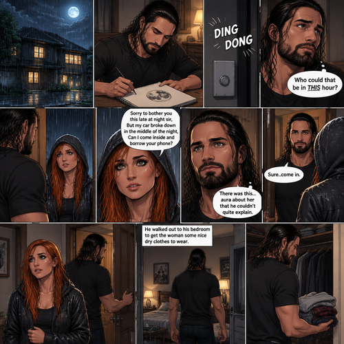 It was a rainy night outside,Seth Rollins was alone in his house,He drawing a picture of the moon on his notebook.Then the doorbell rang. “Who could that be in THIS hour?” Seth  asked himself. He got up and opened the door,A young Irish woman (Becky Lynch) was standing outside on his porch soaking wet from the rain wearing a hood. “Sorry to bother you this late at night sir,But my car broke down in the middle of the night,Can I come inside and borrow your phone?” Asked the woman.Seth looked at the woman,There was this…aura about her that he couldn’t quite explain.He decided to let her in. “Sure..come in” said Seth.The woman walked in and Seth shut the door.He walked out to his bedroom to get the woman some nice dry clothes to wear