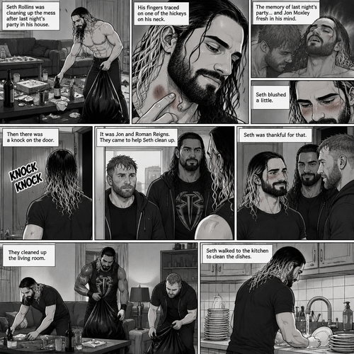(Part 2) Seth Rollins was cleaning up the mess after last night’s party in his house. His fingers traced on one of the hickeys on his neck. The memory of last night’s party…and Jon Moxley Fresh in his mind. Seth blushed a little,Then there was a knock on the door. Seth walked to the door and answered it,It was Jon and Roman Reigns. They came to help Seth clean up. Seth was thankful for that. They cleaned up the living room. Seth walked to the kitchen to clean the dishes