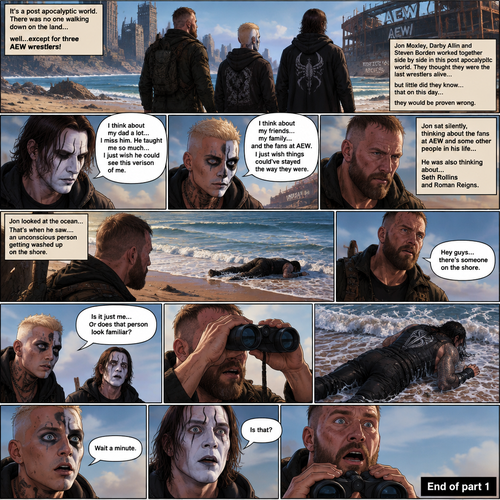 It’s a post apocalyptic world,There was no one walking down on the land….well….except for three AEW wrestlers! Jon Moxley,Darby Allin and Steven Borden (Sting’s son).They worked together side by side in this post apocalyptic world.They thought they were the last wrestlers alive….but little did they know…that on this day….they would be proven wrong.It was a sunny afternoon,Jon,Darby and Steven were just sitting near a beach talking and reminiscing about the time before this world became barren.Steven was reminiscing about his dad and how much he misses him,Darby was reminiscing about his friends,His family and the fans at AEW.Jon was sitting silently,Thinking about the fans at AEW and some other people in his life…He was also thinking about…Seth Rollins and Roman Reigns.He looked at the ocean….That’s when he saw….and unconscious person getting washed up on the shore.He slowly stood up. “Hey guys…there’s someone on the shore” Jon said to Darby and Steven.Darby and Steven stood up and looked at the unconscious person “Is it just me..Or does that person look familiar?” Darby asked.Jon grabbed his Binoculars to get a closer look.Then….they made…a realization. “Wait a minute” said Darby. “Is that?” Asked Steven. Jon slowly lowered his binoculars,Eyes widened in shock. End of part 1