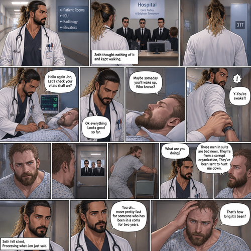 Seth Rollins is a Doctor. He had been looking after a patient (Jon Moxley) who had been in a coma for two years. One day he was walking to Jon’s room,Then he saw men in suits at the front desk. He thought nothing of it and kept walking. He entered Jon’s room. “Hello again Jon,Let’s check your vitals shall we?” Said Seth. He checks Jon’s vitals. “Ok everything Looks good so far” said Seth. He looked at Jon’s face. “Maybe someday you’ll wake up,Who knows?” Said Seth. He got up to leave the room….But a hand grabbed a hold of his wrist. Seth gasped. It was Jon,He’s wide awake and Looking at Seth. “Y-You’re awake” Said Seth. Then Jon carefully got up,Looked out the door and noticed the men in suits. His eyes widened and he shut the door and locked it. “What are you doing?” Seth asked. Jon spoke for the first time since the coma “Those men in suits are bad news,They’re from a corrupt organization,They’ve been sent to hunt me down”. Seth Fell silent,Processing what Jon just said. Jon moved quickly to barricade the door. “You uh…move pretty fast for someone who has been in a coma for two years” said Seth. Jon fell silent while processing that information. “That’s how long it’s been?” Jon asked