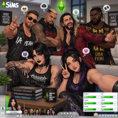 LA Knight,Solo Sikoa,Seth Rollins,Oba Femi,Rhea Ripley and Ari Stone (My wrestler oc) in The sims