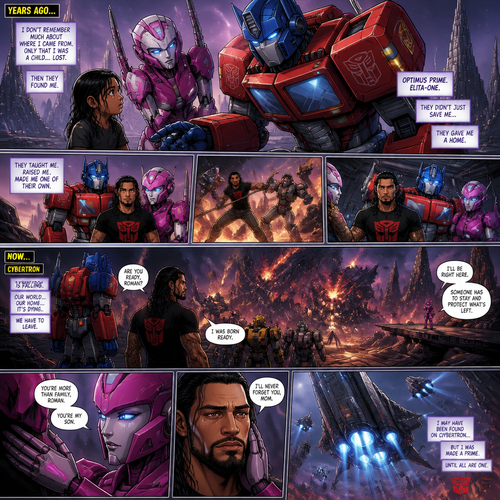 WWE superstar Roman Reigns ended up on the planet Cybertron when he was a kid and ends up adopted by Optimus Prime and Elita-1.Years later Cybertron is falling apart and Elita-One stays behind While Roman,Optimus Prime and the other autobots escapes on the ark after an emotional goodbye