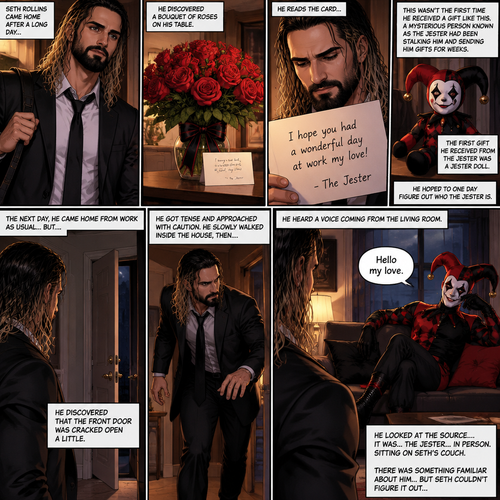 Seth Rollins came home after a long day,He discovered a bouquet of roses on his table. He reads the card,it says “I hope you had a wonderful day at work my love!-The jester”. This wasn’t the first time he received a gift like this. A mysterious person known as the Jester had been stalking him and sending him gifts for weeks. He was never able to figure who this person is. The first gift he received from the jester was a jester doll. He hoped to one day figure out who the jester is. The next day,he came home from work as usual….but….he discovered that the front door was cracked open a little. He got tense and approached with caution. He slowly walked inside the house,then….he heard a voice coming from the living room “Hello my love”. He looked at the source….it was…the jester….in person,Sitting on Seth’s couch. There was something familiar about him…but Seth couldn’t figure it out