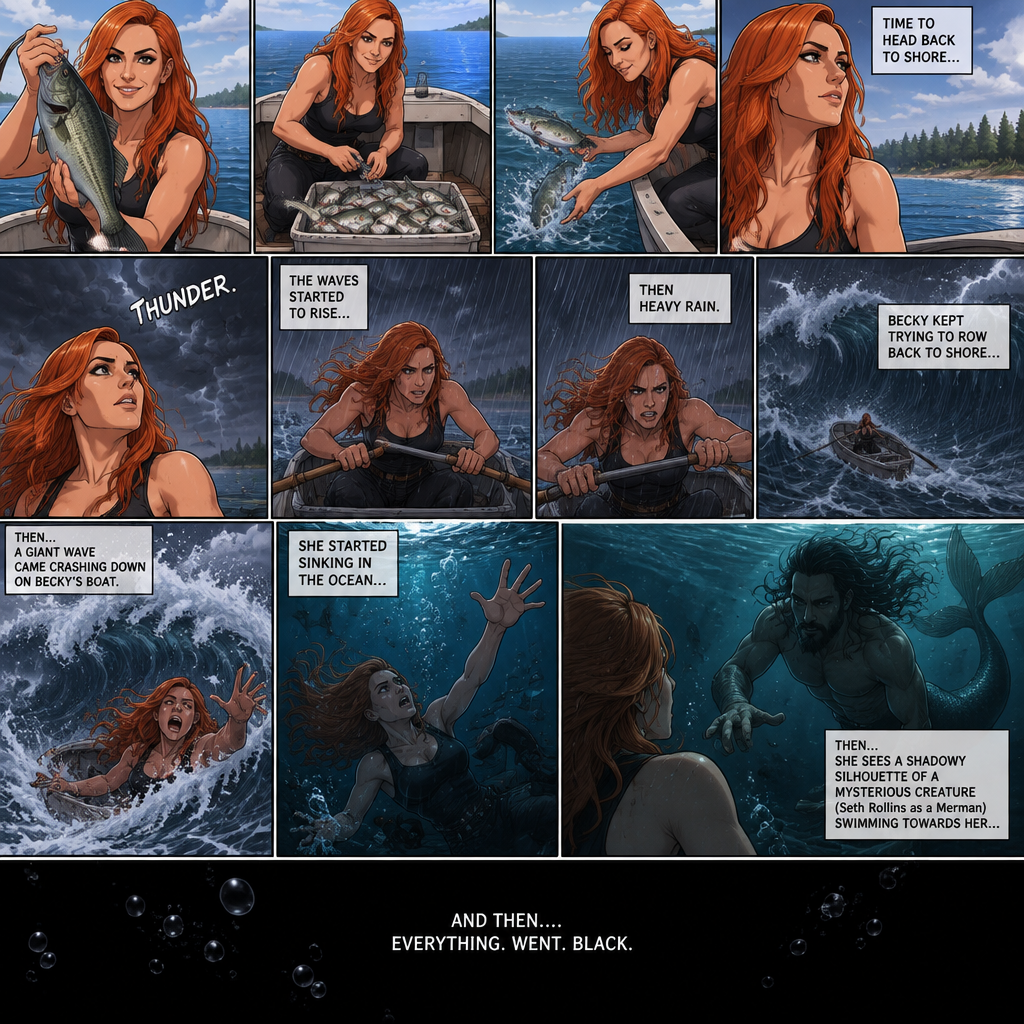 Becky Lynch is in a fishing boat,She had a long day of fishing. She caught a lot of fish (she released them after). She was about to head back to shore….then suddenly…thunder. She started to row back…then the waves started to rise,Then heavy rain. Becky kept trying to row back to shore,Then….A giant wave came crashing down on Becky’s boat. She started sinking in the ocean,Then…she sees A shadowy silhouette of a mysterious creature (Seth Rollins as a Merman) swimming towards her…and then….Everything. Went. Black