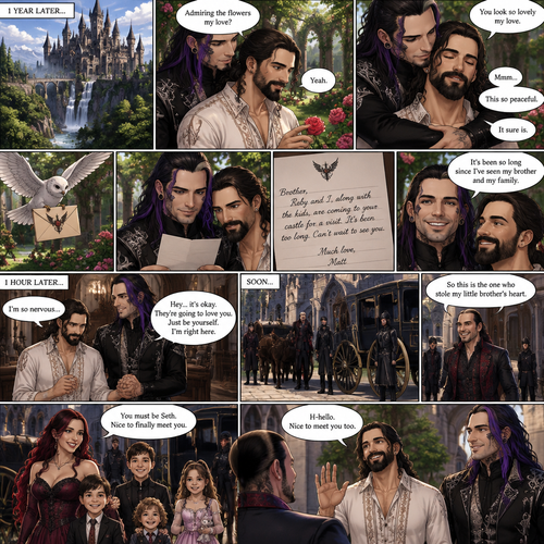 (Part 4 of the dark angel X human story). 1 year had passed,Jeff Hardy (The dark angel king) and Seth Rollins are more closer than ever. Seth had been living in the palace with Jeff. One day Seth was in the garden. Jeff walked behind him. “Admiring the flowers my love?” Jeff asked. Seth smiled softly. “Yeah” Seth said softly. Jeff gently pulled Seth in his embrace. “You look so lovely my love” Jeff said softly. Seth hummed softly. “This so peaceful” Seth said softly. “It sure is” Jeff said softly. Then a messenger bird flew in with a letter. Jeff gently picked up the letter and opened it,It was from his brother Matt saying that he and his wife and kids are coming to Jeff’s castle for a visit. Seth looked at the letter too. Jeff smiled,it had been so long since he’s seen his brother and his family. 1 hour later,Jeff was anticipating their arrival and Seth was completely nervous. Seeing that Seth was nervous Jeff gently held his hand and reassured him. Then the carriage arrived. Matt Hardy walked out of it,Then his wife Reby,Then their kids Maxel,Bart,Wolfgang and Ever. Jeff greeted them. Matt looked at Seth and said “So this is the one who stole my little brother’s heart”. Seth waved nervously and said hello. “You must be Seth,Nice to finally meet you” Said Reby. “Nice to meet you too” said Seth. (End of part 4)