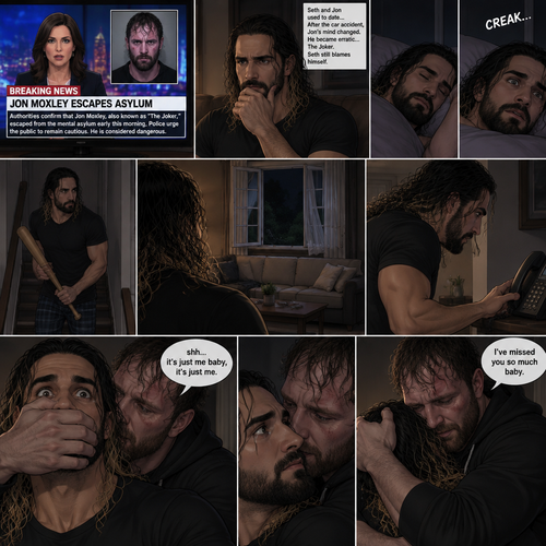 (Recap) Seth Rollins was at his house after a long day,A news report came on tv,The reporter said that Jon Moxley A.KA the Joker had escaped from the asylum that morning,Seth tensed up a bit,he and Jon used to date….then car accident happened witch messed up Jon’s mind,he started behaving erratically becoming the joker,he still loved Seth despite all that,then the cops came and took Jon away,Seth was devastated,he blamed himself ever since,he tried to move on but couldn’t. (And now part 2). Seth was asleep in his bed….then he was woken up by a noise coming from downstairs. He grabbed a bat and walked downstairs,when He got downstairs…he noticed…one of the windows in the living room was open. He got spooked. He ran to his home phone to call the police….but before he picked up the phone….someone grabbed him from behind. “Help!” Seth yelled. The person covered Seth’s mouth. Then he whispered in Seth’s ear “shh,it’s just me baby,it’s just me”. Seth recognized the voice….It was Jon. He removed his hand from Seth’s mouth. He wrapped his arms around Seth. “I’ve missed you so much baby” Jon said Softly