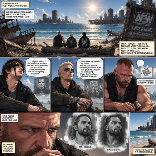 It’s a post apocalyptic world,There was no one walking down on the land….well….except for three AEW wrestlers! Jon Moxley,Darby Allin and Steven Borden (Sting’s son).They worked together side by side in this post apocalyptic world.They thought they were the last wrestlers alive….but little did they know…that on this day….they would be proven wrong.It was a sunny afternoon,Jon,Darby and Steven were just sitting near a beach talking and reminiscing about the time before this world became barren.Steven was reminiscing about his dad and how much he misses him,Darby was reminiscing about his friends,His family and the fans at AEW.Jon was sitting silently,Thinking about the fans at AEW and some other people in his life…He was also thinking about…Seth Rollins and Roman Reigns