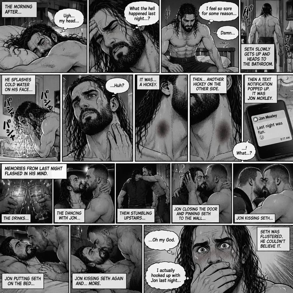 Seth Rollins was asleep after a party last night. Seth slowly woke up hungover,He barely remembered what happened last night. He slowly got up,He felt sore for some reason,Then he slowly walked to the bathroom. He splashed cold water on his face…then…he noticed something on his neck,It was…a hickey. Then he noticed…another hickey on the other side of his neck. Then a text notification popped up on his phone,It was Jon Moxley. Seth was confused,Then…memories from last night flashed in his mind. The drinks,The dancing with Jon,Them stumbling upstairs to Seth’s room,Jon closing the door and pinning Seth to the wall,Jon kissing Seth,Jon putting Seth on the bed,Jon kissing Seth again and…more. The flashback ends. Seth was flustered,He couldn’t believe he hooked up with Jon last night. (End of part 1)