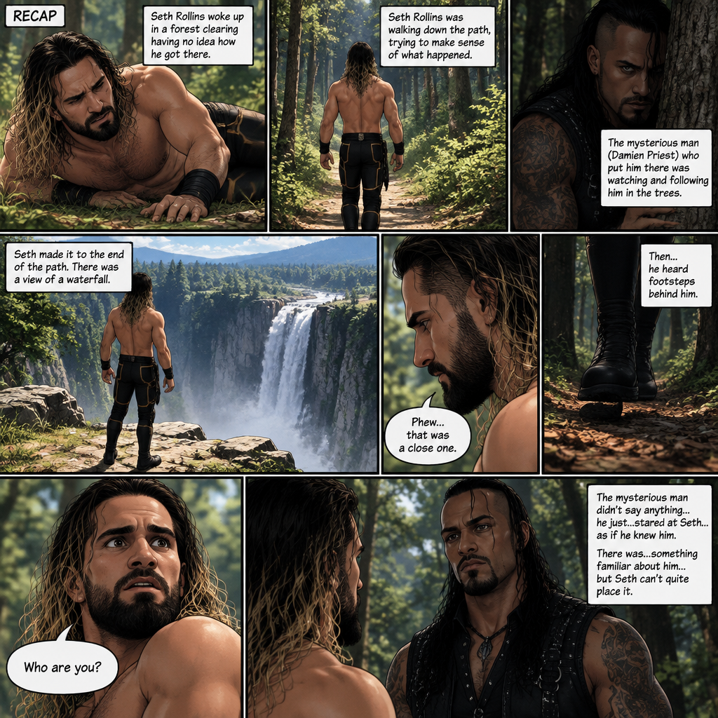 (Recap). Seth Rollins was walking down the path after he woke up In the forest clearing having no idea how he got there. The mysterious man (Damien Priest) who put him there was watching and following him in the trees. (And now part 3). Seth made it to the end of the path,there was a view of the a water fall. He was about to walk closer…but then he realized he’s at an edge of a cliff. “Phew…that was a close one” Seth said to himself,Then….he heard footsteps behind him. The mysterious man was right behind him. Seth tuned around. The mysterious man didn’t say anything…he just…stared at Seth…as if…he knew him. There was…something familiar about him…but Seth can’t quite place it. “Who are you?” Asked Seth