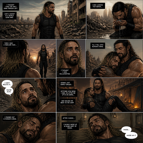 WWE superstar Seth Rollins in a post apocalyptic world trying to survive.He thought he was the only sane person left…. But he was wrong.One while was looking for water….He saw a familiar face…it was Roman Reigns.He thought he was hallucinating from dehydration…Till he fell into Roman’s arms.He realized…Roman was actually here.”I can’t believe it….you’re alive” Said Seth.Roman just simply smiled and Held Seth.Noticing how weak Seth was currently Roman lifted him up in his arms and walked back to his camp with him.Seth then passed out in Roman’s Arms.After a While Seth Slowly woke up in some sort of room