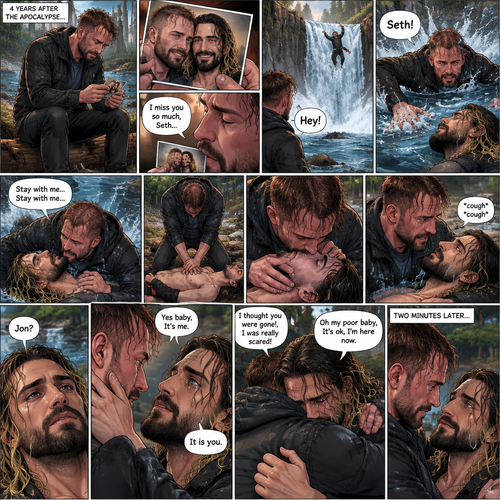 (Recap) Still in the zombie apocalypse. (This was Jon Moxley’s POV). Jon sat on a log near the river alone looking sad,He was looking at a romantic photo of him and Seth Rollins before the apocalypse began,He thought Seth died the day of the apocalypse started 4 years ago,He gently kissed the photo and said he misses Seth So much,He saw someone fall down the waterfall,he jumped in the water,As he swam he got a better look at the person,It turned out to be Seth,He swam faster and got him,He was to shore and Gently placed Seth’s down,He did CPR and mouth to mouth on Seth,When all hope seemed lost Seth coughed out water,Jon gently held Seth with tears of joy streaming down his face,Seth slowly opened his eyes,”Jon?” Seth asked weakly. (And now part 4). Jon gently placed his hand on Seth’s cheek. “Yes baby,It’s me” Jon said Softly. Seth gently placed his hand on Jon’s cheek to see if he’s real,Tears streamed down his face. “It is you” Seth said through his tears. Jon gently pulled Seth into a hug,Seth cried on Jon’s shoulder. Jon gently stroked the back of Seth’s head while Seth continued to cry on Jon’s shoulder. “I thought you were gone!,I was really scared!” Seth said through his tears. “Oh my poor baby,It’s ok,I’m here now” Jon said softly. Jon Gently rubbed Seth’s back to try to soothe him. After 2 minutes,Seth slowly stopped crying. They looked at each other