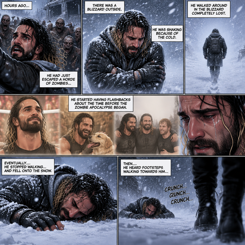 There was a blizzard outside,Seth Rollins was in the middle of it,He had just escaped a horde of zombies hours before.He was shaking because of the cold.He walked around in the blizzard completely lost.His tears streamed down his face.He started having flashbacks about the time before the Zombie Apocalypse began.Eventually….He stopped walking…And fell onto the snow,Then….he heard footsteps walking towards him