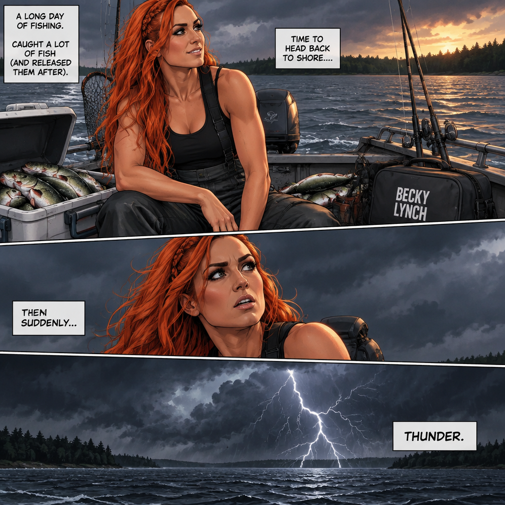 Becky Lynch is in a fishing boat,She had a long day of fishing. She caught a lot of fish (she released them after). She was about to head back to shore….then suddenly…thunder