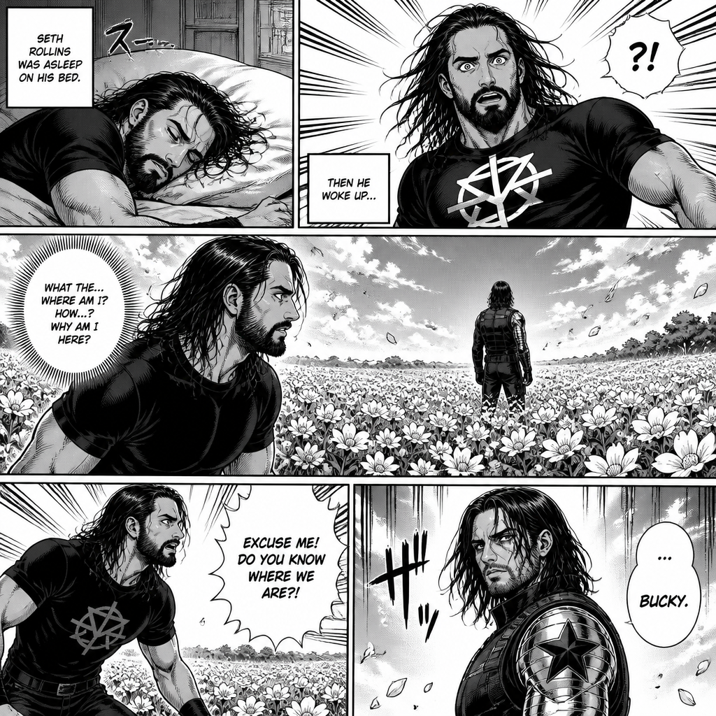 Seth Rollins was asleep on his bed,Then he woke up….On a field of flowers,He was confused as to how and why he was there.Then he noticed a mysterious man ahead of him with his back turned.He stands up. “Excuse me! Do You know where we are?!” Seth called out.The mysterious man turned around and faced Seth….It was Bucky.