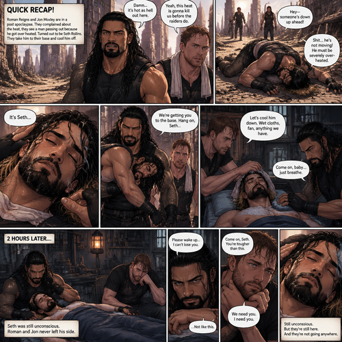 (Quick recap!) Roman reigns and Jon Moxley are in a post apocalypse,They complained about the heat,They see a man passing out because he got over heated,Turned out to be Seth Rollins (The love of their lives btw),They take him to their base and cool them off. (Now onto part 2!).2 hours have passed,Seth was still unconscious,Roman and Jon never left his side