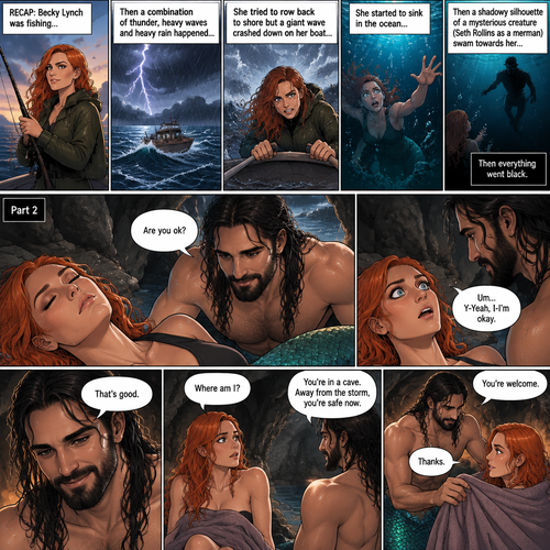 (Recap) Becky lynch was fishing,then a combination of thunder,Heavy waves and heavy rain happened,She tried to row back to shore but a giant wave crashed down on her boat,she started to sink in the ocean,then a shadowy silhouette of a mysterious creature (Seth Rollins as a merman) swam towards her,Then everything went black. (And now onto part 2). Minutes have passed,Becky slowly regained consciousness,The merman that saved her was looking down at her with relief in his eyes. “Are you ok?” Asked the merman. Becky was shocked to see an actual Handsome merman looking down at her. “Um…Y-Yeah,I-I’m okay” said Becky. The merman smiled. “That’s good” said the merman. Becky slowly sits up. “Where am I?” Asked Becky. “You’re in a cave,Away from the storm,you’re safe now” the merman said. The merman grabbed a warm towel he found earlier and gently wrapped it around Becky. “Thanks” said “You’re welcome” said the merman. (End of part 2)