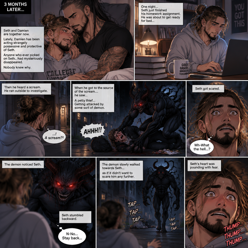 (Recap). Seth Rollins (College student) helped Damien Priest (The bad boy) tend to his wounds on his chest and shoulder after he entered Seth’s dorm room,The next morning,Seth and Damien were asleep in Seth’s bed,Seth slowly woke up,He was in Damien’s embrace,He blushed and his heart fluttered,Damien must’ve heard it because he subconsciously put his hand on Seth’s chest to feel Seth’s heartbeat and hummed softly in his sleep,Seth was flustered,Then…Damien slowly woke up and looked at Seth,”Your heart beats so beautifully” Damien said in a soft voice,Damien then whispered in Seth’s ear,“Is it because of me,Angel?” Damien asked seductively,The blush on Seth’s face deepened,Damien gave a smug and seductive smile.,”Can I kiss you?” Damien asked softly. Seth Got more Flustered,“S-Sure” Seth said nervously,Damien gently kissed Seth. (And now part 4). 3 months had passed,Seth and Damien are together. Damien had been acting strangely possessive and protective of Seth. Anyone who ever picked on Seth…had mysteriously disappeared. Nobody knew why. One night Seth just finished his homework assignment. He was about to get ready for bed….then he heard a scream. He ran outside to investigate. When he got to the source of the scream….he saw….A petty thief…Getting attacked by some sort of demon. Seth got scared. The demon noticed Seth. Seth stumbled backward. The demon slowly walked towards Seth…as if it didn’t want to scare him any further. Seth’s heart was pounding with fear