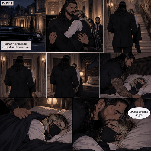 (Recap) Seth Rollins is a waiter at a restaurant,He’s wearing a mask that covers his face because all his life he was told he was ugly and he believed them,He’s also was even too afraid to look at mirrors,Then Roman Reigns (Mafia Boss) and his men walked in,Seth was nervous but walked over here,Roman wrapped his arm around Seth’s waist and pulled him onto his lap,Seth gasped softly,Roman stated that he’s been looking for him,He got up with Seth in his arms and walked to his limousine,He put Seth on the seat,Then he got in and sat beside him,The driver drove away,Roman Wrapped his arm around Seth,”Don’t be scared Seth,I won’t hurt you” Roman Said softly. Seth slowly relaxed,Roman gently rubbed Seth’s back,Seth fell asleep,Roman gently traced the mask on Seth’s face,”If only you knew how beautiful you are” Roman said Softly,3 nights ago Seth was taking out the trash outside his apartment,Roman happened to walk by without Seth noticing,The mask somehow slipped off Seth’s face,He panicked and picked it up and put it back on,Roman briefly saw Seth’s face,He didn’t see an ugly person,he saw someone who looked like an angel,He wanted him ever since. (And now part 4). Roman’s limousine arrived at his mansion. He got out while holding the sleeping Seth in his arms. He walked inside,Once he got inside he walked upstairs. He walked down the hall to his bedroom. He got in his bedroom,Then he gently put Seth on the bed without waking him up,Then he put a blanket over him. He gently kissed Seth’s forehead. “Sweet dreams angel” Roman said softly
