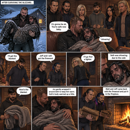 (The monster apocalypse/Moxollins story part 2) Jon Moxley made it out of the blizzard and into a cabin With the Cold and barely conscious Seth Rollins in his arms. His group of survivors (Matt and Jeff Hardy,Toni Storm,Wheeler Yuta,Indi Hartwell and Nic Nemeth) were there too. Jon Sat down on the couch and held Seth. “I’ll get the blanket!” Said wheeler,Then he ran to find a blanket. “Jeff and I will get the firewood” Said Matt,Then Matt and Jeff ran to find firewood. “I’ll go find a lighter” Said Toni,Then she ran to find a lighter. Seth was shivering due to the cold. “It’s gonna be ok,You’re safe now baby” Jon said softly. Wheeler came back with the blanket and gave it to Jon. He gently wrapped it around Seth to keep him warm. Seth’s body warmed up a little. Matt and Jeff came back with the firewood and put it in the fireplace