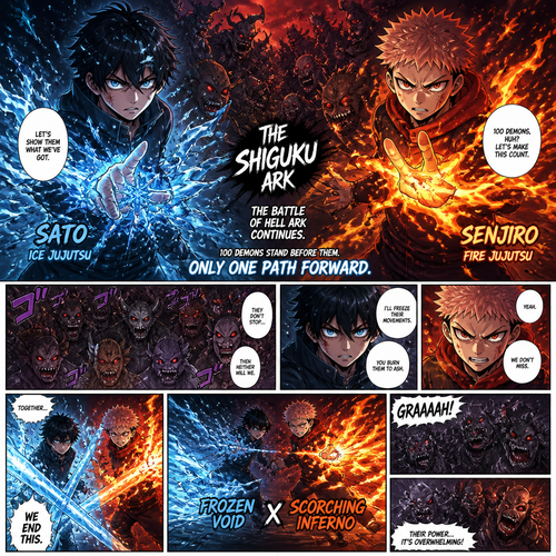 The shiguku ark begins how it left off and the end of the battle of Hell Ark it begins with sato and senjiro about to fight 100 demons with fire and ice jujutsu