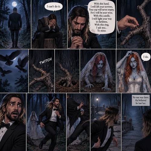 (Part 1 of the corpse bride,Seth x Becky style). Seth Rollins was walking in the woods alone at night after running away from a wedding rehearsal. After a while He sat at a tree stump,he puts his head in his hands. “I can’t do it” Seth said to himself. He took a deep breath. He began practicing his vows,”With this hand,I will lift your sorrows,Your cup will never empty,For I will be your wine,With this candle,I will light your way in darkness,With this ring,I ask you…To mine”. He puts the wedding ring on a tree branch that suspiciously looks like a ring finger. Then the crows flew by,Then….The branch the suspiciously looked like a hand…twitched. Then….The branch that suspiciously looks like a hand pulled itself underground. Seth got spoked when he saw that. Then…an undead woman in a wedding dress (Becky Lynch) crawled out from the ground. She stood up,Lifted her vail,Looked at Seth and said in a quiet voice “I do”. Seth got scared and ran further into the woods. The woman just slowly and calmly walked after him. While Seth was running his tuxedo jacket got caught in some branches and ripped. He kept running till he got to a bridge. He looked behind him…No one was there. He believed he lost her