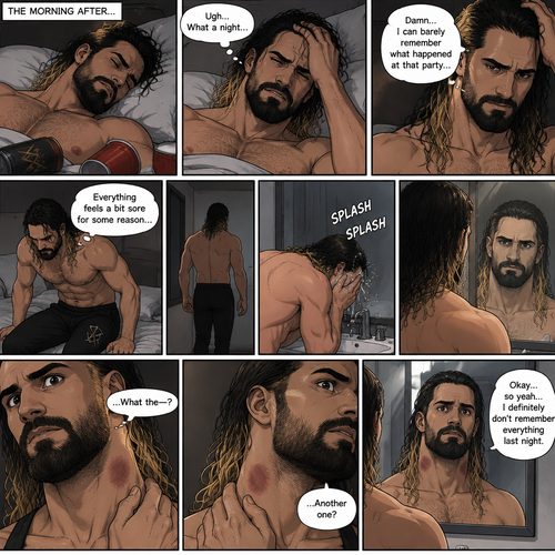 Seth Rollins was asleep after a party last night. Seth slowly woke up hungover,He can barely remember what happened at the party. He slowly got up,then he slowly walked to the bathroom. He felt a bit sore for some reason. He splashed cold water in his face,Then he looked in the mirror…then…he noticed something on his neck,It was a hickey. Then he noticed….another hickey on the other side of his neck