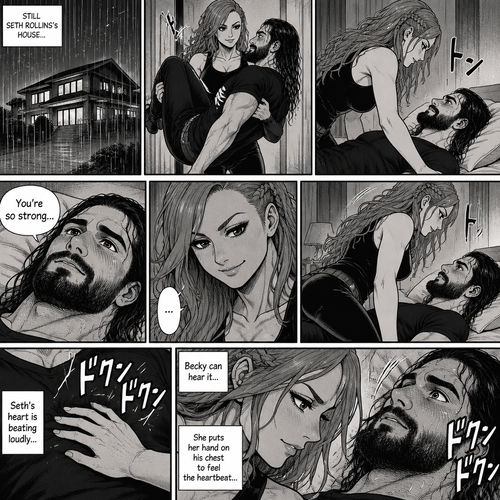 Part 3.Still is Seth Rollins’s house,Still raining outside,Becky Lynch was holding Seth Rollins in her arms,She walked to his bedroom while holding him.She gently put him down on the bed.He looked up at her while blushing. “You’re so strong” Said Seth.Becky simply smiled and got on top of him.Seth’s heart is beating loudly.Becky can hear it,She puts her hand on his chest to feel the heartbeat