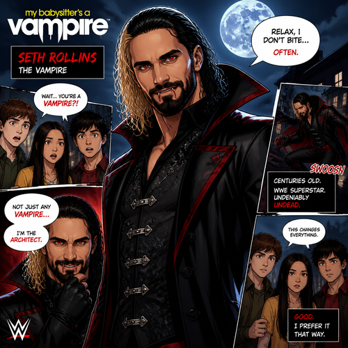 WWE superstar Seth Rollins as a vampire in My babysitters a vampire (Tv show)