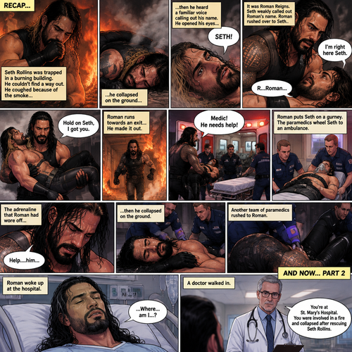 (Recap) Seth Rollins was trapped in a burning building,he couldn’t find a way out,he coughed because of the smoke,he collapsed on the ground,then he heard a familiar voice calling out his name,He opened his eyes,it was Roman Reigns,Seth weakly called out Roman’s name,Roman Rushed over to Seth,”I’m right here Seth” said Roman,he lifted Seth in his arms,”Hold on Seth,I got you” Roman said to Seth”,Roman runs towards an exit,he made it out,He runs to an ambulance with Seth in his arms,”Medic! He needs help!” Roman yelled,he puts Seth on a gurney,the paramedics wheel Seth to an ambulance,the adrenaline that Roman had wore off,”Help….him” said Roman,then….he collapsed on the ground,another team of paramedics rushed to Roman. (And now part 2). Roman woke up at the hospital. A doctor walked in