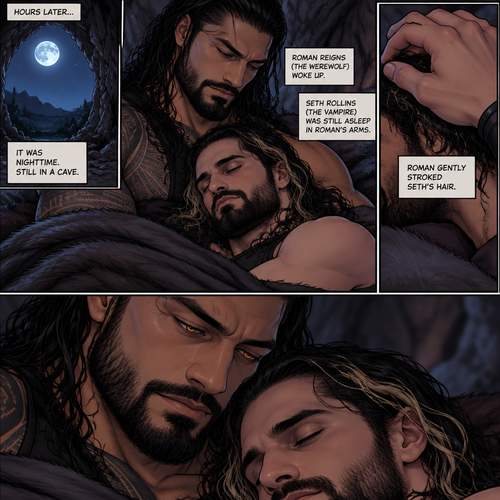 (Part 3 of the Werewolf x Vampire story). Hours later,It was nighttime. Still in a cave. Roman Reigns (The werewolf) woke up. Seth Rollins (The vampire) was still asleep in Roman’s arms. Roman looked at Seth. He gently stroked his hair
