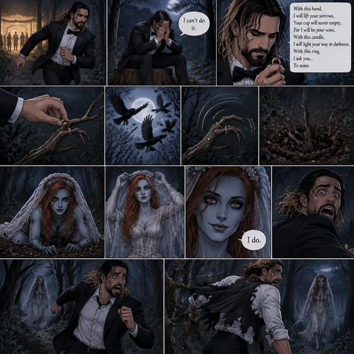 (Part 1 of the corpse bride,Seth x Becky style). Seth Rollins was walking in the woods alone at night after running away from a wedding rehearsal. After a while He sat at a tree stump,he puts his head in his hands. “I can’t do it” Seth said to himself. He took a deep breath. He began practicing his vows,”With this hand,I will lift your sorrows,Your cup will never empty,For I will be your wine,With this candle,I will light your way in darkness,With this ring,I ask you…To mine”. He puts the wedding ring on a tree branch that suspiciously looks like a ring finger. Then the crows flew by,Then….The branch the suspiciously looked like a hand…twitched. Then….The branch that suspiciously looks like a hand pulled itself underground. Seth got spoked when he saw that. Then…an undead woman in a wedding dress (Becky Lynch) crawled out from the ground. She stood up,Lifted her vail,Looked at Seth and said in a quiet voice “I do”. Seth got scared and ran further into the woods. The woman just slowly and calmly walked after him. While Seth was running his tuxedo jacket got caught in some branches and ripped