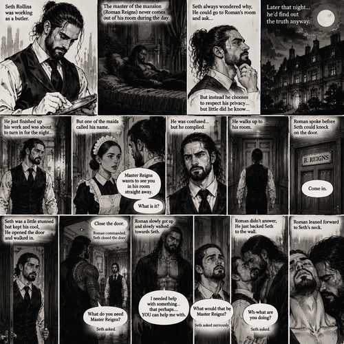 Seth Rollins was working as a butler,The master of the mansion (Roman Reigns) never comes out of his room during the day.Seth always wondered why,He could go to Roman’s room and ask…But instead he chooses to respect his privacy….but little did he know…Later that night…he’d find out the truth anyway.He just finished up his work and was about to turn in for the night…Buy one of the maids called his name. “What is it?” Asked Seth. “Master Reigns wants to see you in his room straight away” Said the maid.He was confused…but he complied.He walks up to his room.Roman spoke before Seth could knock on the door, “Come in”.Seth was a little stunned but kept his cool,He opened the door and walked in.”Close the door” Roman commanded. Seth closed the door. “What do you need Master Reigns?” Seth asked.Roman slowly got up and slowly walked towards Seth. “I needed help with something…that perhaps….YOU can help me with” Said Roman as he kept slowly walking towards Seth. “What would that be Master Reigns?” Seth asked nervously.Roman didn’t answer,He just backed Seth to the wall. “Wh-what are you doing?” Seth asked.Roman leaned forward to Seth’s neck.End of part 1