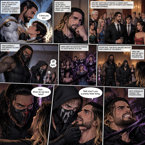(Part 1 of an Ambrolleigns story) Seth Rollins is the son of a famous superhero. When he was 15 years old his sad sacrificed himself to save the world,the last this his dad said to him was “I love you son”. As an adult he still thinks about his dad. One day He was attending a dinner party with his coworkers and his father’s old friends and their offsprings,Then suddenly….Two masked villains (Roman Reigns and Dean Ambrose) bursts in. Some people screamed and the retired superhero’s and their offspring prepared to attack the masked villains. Then Dean used his shadow powers to hold people In place. After that they both walked around and Looked at the people,Then they spotted Seth and walked towards him. “Well…What do we have here?” Roman asked. Dean grabbed Seth’s chin. “Well aren’t you a pretty little thing” Said Dean. Seth struggled against the shadow binds