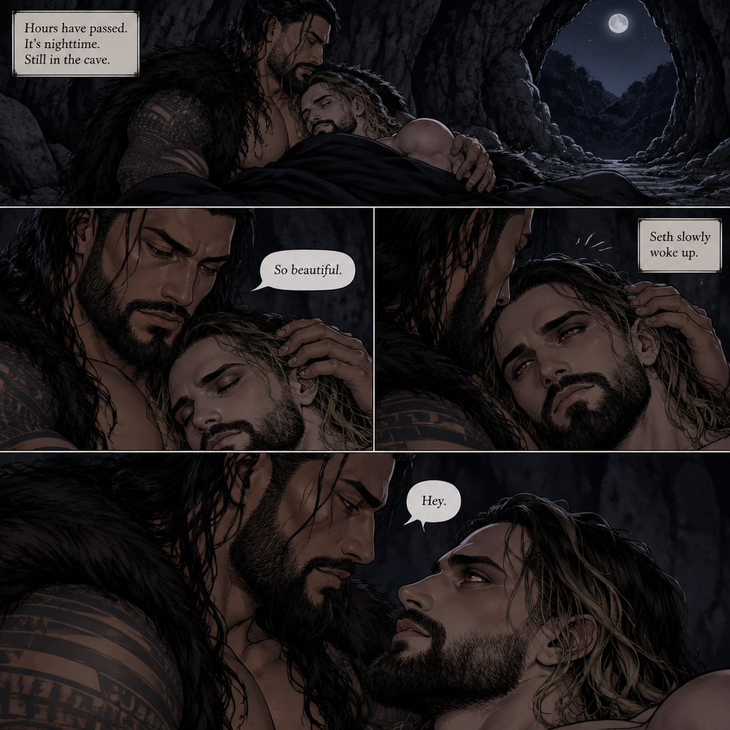 (Part 3 of the Werewolf x Vampire story) Still in the cave. Hours have passed,It’s nighttime. Roman Reigns (The werewolf) woke up. Seth Rollins (The vampire) was still asleep in Roman’s arms. Roman looked at Seth. He gently stroked his hair. “So beautiful” Roman said softly. Seth slowly woke up. “Hey” Roman said softly
