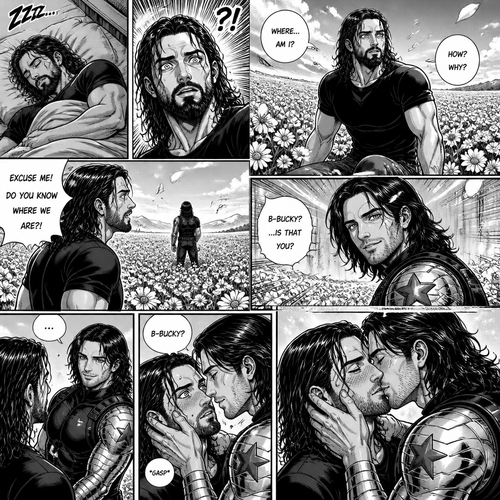 Seth Rollins was asleep on his bed,Then he woke up….On a field of flowers,He was confused as to how and why he was there.Then he noticed a mysterious man ahead of him with his back turned.He stands up. “Excuse me! Do You know where we are?!” Seth called out.The mysterious man turned around and faced Seth….It was Bucky.Seth was surprised. “B-Bucky?…Is that you?” Seth asked.Bucky said nothing…He just smiled and walked towards Seth.He stopped once he was in front of Seth.He wrapped his arm around his waist and pulled him closer.Seth Gasped. “B-Bucky?” Seth asked.Bucky gently placed his hand on Seth’s cheek.Seth blushed.Bucky leaned forward to Seth…And kissed him softly