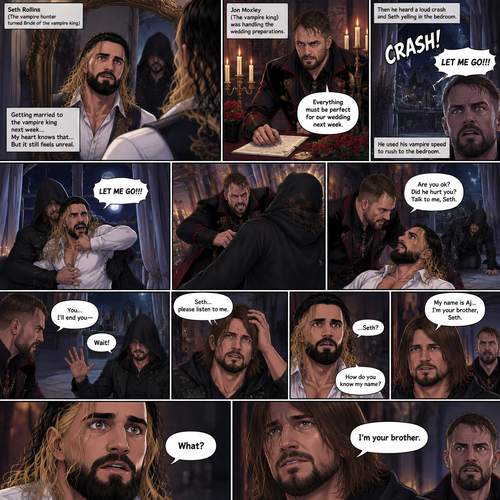 (Recap) Seth Rollins (The vampire hunter turned Bride of the vampire king) was looking at himself in the mirror reeling in the fact that he’s getting married to the vampire king next week,his heart knows that,Then he saw a mysterious figure (Aj Styles) who was standing right behind him in the reflection,Jon Moxley (The vampire king) was handling the wedding preparations,then he heard a loud crash and Seth yelling “LET ME GO!!!” In the bedroom,he used his vampire speed to rush to the bedroom,The mysterious figure tries to drag Seth out the window,Seth struggles,Jon arrives just in time and attacks the mysterious figure,after that he rushes to Seth to see if he’s ok,the mysterious figure slowly gets up,Jon is about to attack,Then the mysterious figure spoke “Wait!”,”Seth…please listen to me,Seth was confused by how the man knew his name,The mysterious figure takes off his hood and drops a bombshell “My name is Aj…I’m your brother Seth,Jon and Seth were shocked by what he said. (And now part 7). Seth was stunned. “What?” Seth asked. “I’m your brother” said Aj