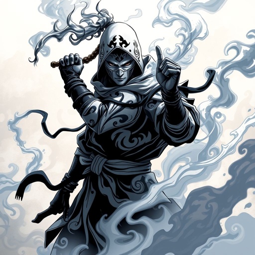 Ryu hyabussa mixed with mortal Kombat smoke design layout with vitiligo 