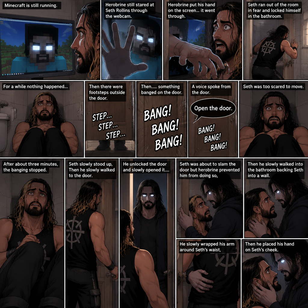(part 2) Minecraft is still running. Herobrine still stared at Seth Rollins through the webcam. Seth was still paralyzed from fear. Herobrine put his hand on the screen…it went through. Seth ran out of the room in fear and locked himself in the bathroom. For a while nothing happened…then there were footsteps outside the door. Seth’s heart was pounding. Then…..something banged on the door. Seth scrambled away from the door in fear. Then a voice spoke from the door “Open the door”. Seth was too scared to move. The banging on the door continued. After about three minutes,The banging stopped. Seth slowly stood up,Then he slowly walked to the door. He unlocked the door and slowly opened it….Herobrine was standing in front of him….in human form. Seth was about to slam the door but herobrine prevented him from doing so,Then he slowly walked into the bathroom backing Seth into a wall. He slowly wrapped his arm around Seth’s waist,Then he placed his hand on Seth’s cheek