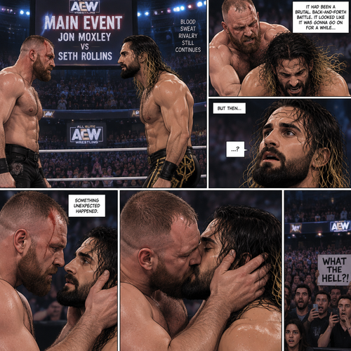 Jon Moxley and Seth Rollins are in a match against each other. It’s the main event. It seems like it was gonna go on for a while…but then….something unexpected happened. Jon…cupped his hands on Seth’s face…pulled him in….and kissed him