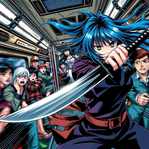 A blue haired ninja named Yumeko stabbed a normal man on a train