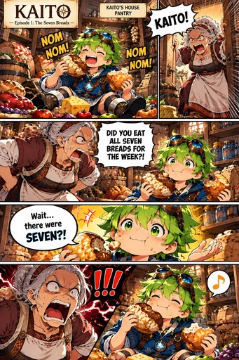 Colorful manga panels show people eating food with comic speech bubbles and expressive action lines.