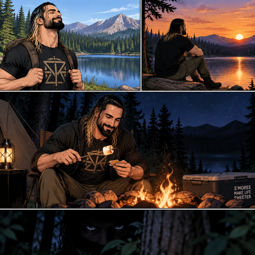 Seth Rollins was camping in the woods,he was enjoying the view of the lake and enjoying the fresh air,Hours later nighttime came,He was making s’mores at the campfire.He was enjoying himself…but…little did he know…that something…or someONE was watching him
