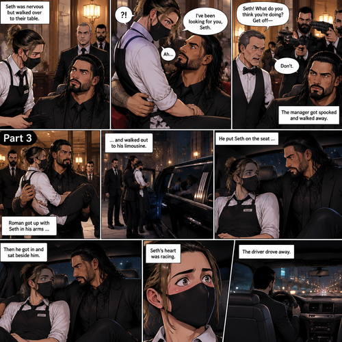 (Recap) Seth Rollins is a waiter at a restaurant,He’s wearing a mask that covers his face because all his life he was told he was ugly and he believed them,He’s also was even too afraid to look at mirrors,Then Roman Reigns (Mafia Boss) and his men walked in and sat down at a table,He wanted to see Seth personally,Seth was nervous but walked over here,Roman wrapped his arm around Seth’s waist and pulled him onto his lap,Seth gasped softly,Roman stated that he’s been Looking for Seth,Seth was confused,The manager walked over and was about to lecture Seth but Roman’s men pointed their weapons at him,Roman gave him a cold look and said “Don’t”,The manager got spooked and walked away,Roman looked back at Seth,Seth’s heart was racing. (And now part 3). Roman got up with Seth in his arms and walked out to his limousine. He put Seth on the seat,Then he got in and sat beside him. The driver drove away