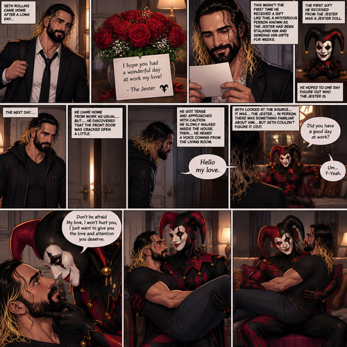 Seth Rollins came home after a long day,He discovered a bouquet of roses on his table. He reads the card,it says “I hope you had a wonderful day at work my love!-The jester”. This wasn’t the first time he received a gift like this. A mysterious person known as the Jester had been stalking him and sending him gifts for weeks. He was never able to figure who this person is. The first gift he received from the jester was a jester doll. He hoped to one day figure out who the jester is. The next day,he came home from work as usual….but….he discovered that the front door was cracked open a little. He got tense and approached with caution. He slowly walked inside the house,then….he heard a voice coming from the living room “Hello my love”. He looked at the source….it was…the jester….in person,Sitting on Seth’s couch. There was something familiar about him…but Seth couldn’t figure it out. “Did you have a good day at work?” Asked the Jester. Seth was a little nervous. “Um…Y-Yeah” said Seth. Seeing how nervous Seth was The Jester slowly walked towards Seth. He gently lifted Seth’s chin. “Don’t be afraid My love,I won’t hurt you,I just want to give you the love and attention you deserve” the jester said softly. Seth blushed a little. The jester lifted Seth in his arms,Then he walked back to the couch and sat down putting Seth on his lap